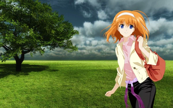HD PC desktop wallpaper of Kaede Fuyou from Shuffle! — anime girl with orange hair and blue eyes standing in a grassy field by a lone tree under a dramatic cloudy sky, carrying a red bag.