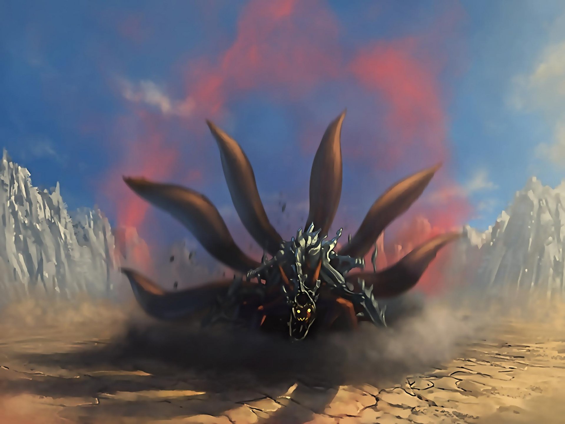 A stunning HD wallpaper featuring Kurama, the Nine-Tails from Naruto, in a dynamic and powerful scene set against a striking landscape. The background showcases Kurama's fierce energy and distinct presence.