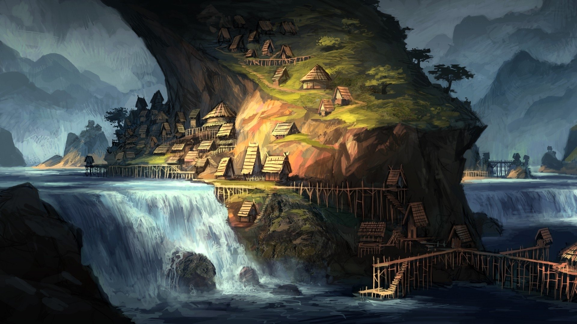 A stunning fantasy landscape featuring a waterfall cascading into a village built on a cliffside, surrounded by mountains and lush greenery. An enchanting HD PC desktop wallpaper.