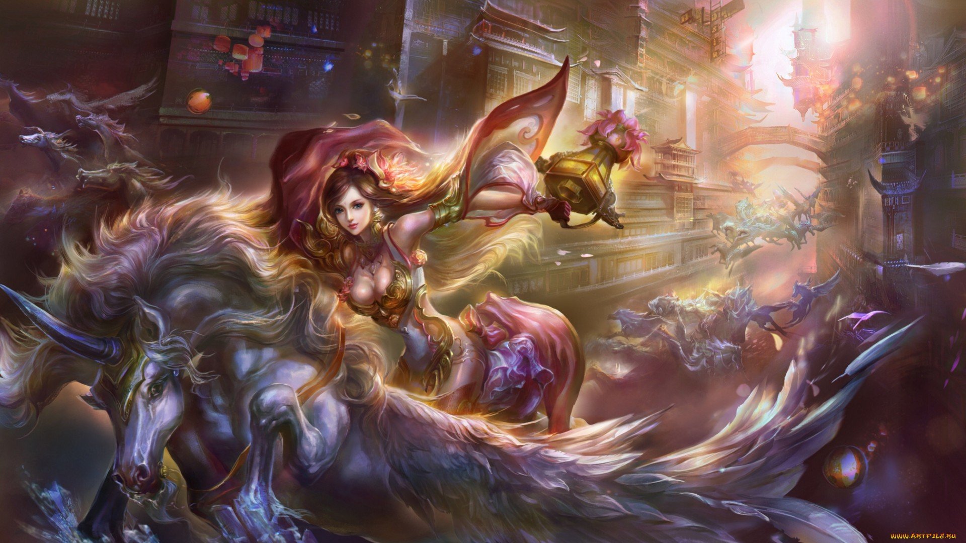 Fantasy-themed HD PC desktop wallpaper depicting a powerful woman in elaborate armor wielding a glowing weapon amid a dynamic, mystical battlefield.