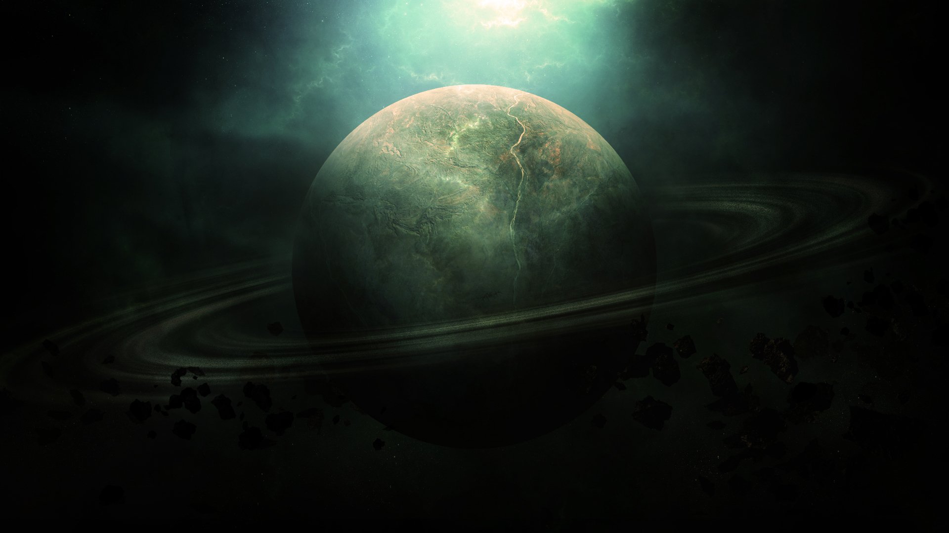 Sci-fi planet HD PC desktop wallpaper and background: a green, ringed world rising from glowing nebula mist with dark debris and shadowed rings.