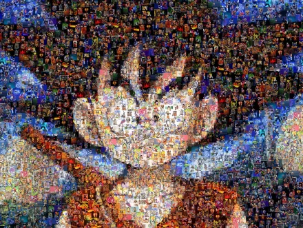 HD desktop wallpaper featuring Gohan from Dragon Ball Z. The image is a mosaic composed of numerous smaller images, creating a detailed background with Gohan's face as the focal point.