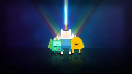 A vibrant HD wallpaper featuring Finn, Jake, and BMO from Adventure Time, set against a colorful backdrop with beams of light and stylized trees, capturing the show's playful essence.
