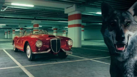 HD PC desktop wallpaper: red 1955 Lancia Aurelia B24 S vehicle parked in a dim underground garage with a black dog in the foreground.