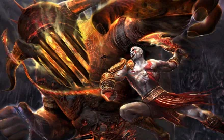 A dynamic HD wallpaper featuring Hades from God of War III, showcasing Kratos battling against the formidable figure of Hades in an epic, fiery setting.