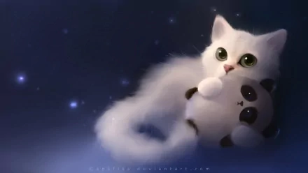 HD desktop wallpaper featuring a cute, fluffy white cat with large green eyes holding a panda plushie against a starry night sky background.