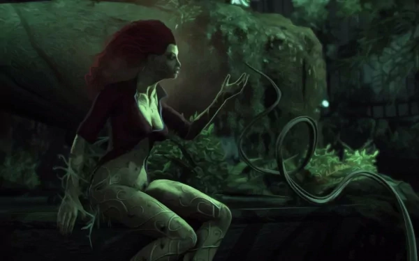 HD PC desktop wallpaper from the video game Batman: Arkham Asylum showing Poison Ivy surrounded by glowing green plants in a dark, eerie environment.