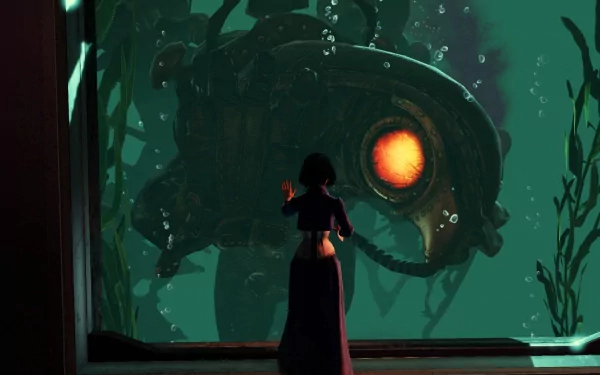 A captivating scene from the video game Bioshock Infinite, featuring a dark figure gazing at a mysterious underwater creature, surrounded by bubbles and aquatic foliage.
