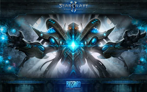 HD PC desktop wallpaper featuring a powerful Protoss character from the video game Starcraft II: Wings of Liberty, showcasing glowing blue energy and intricate armor.