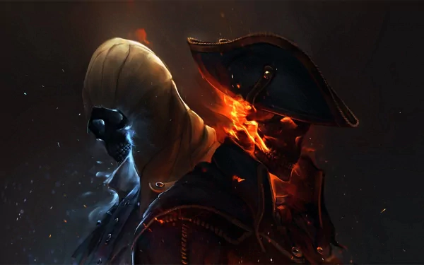 HD wallpaper featuring a dynamic scene from the video game Assassin's Creed III, displaying two contrasting characters in intense lighting.