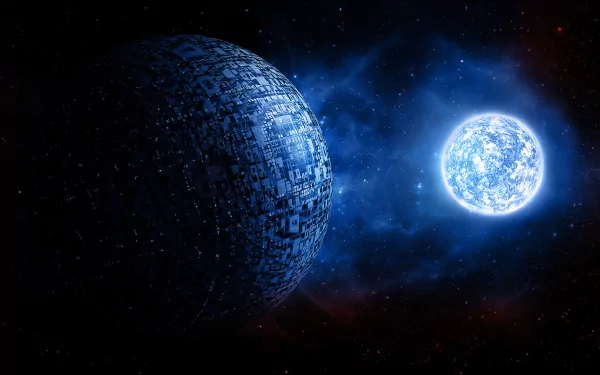 A stunning HD sci-fi desktop wallpaper featuring a massive, intricately designed sphere and a bright blue star, set against a cosmic backdrop reminiscent of Solaris.