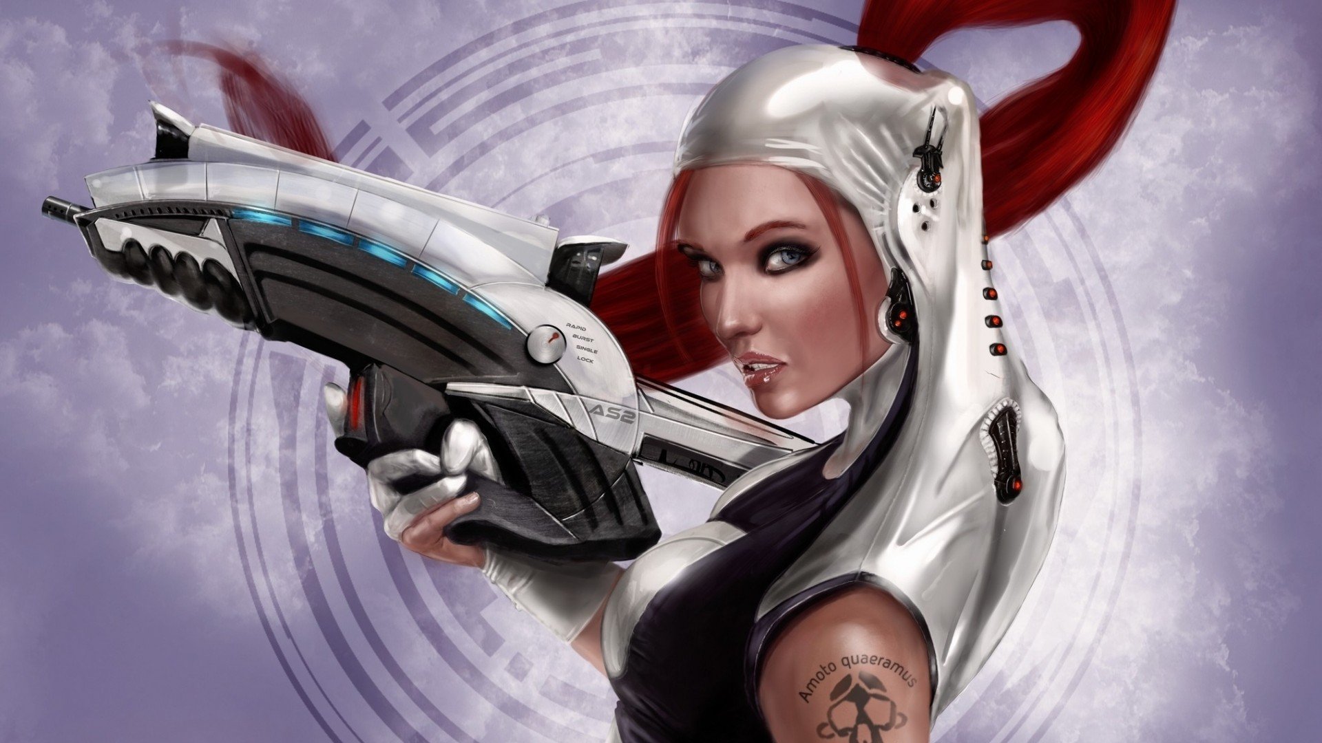 Sci-fi woman warrior in a white hood and black armor aiming a glowing futuristic rifle, visible arm tattoo and purple circular energy backdrop — HD PC desktop wallpaper/background.