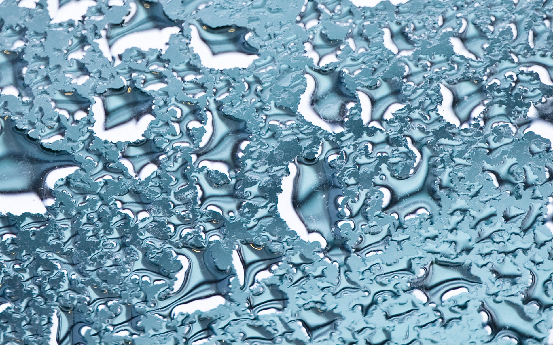 HD photography close-up of raindrops on a smooth surface, capturing detailed water reflections with a cool blue tone, used as a PC desktop wallpaper and background.