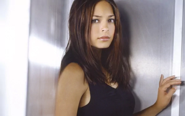A striking HD desktop wallpaper featuring Kristin Kreuk, showcasing her with long hair and a serious expression, set against a sleek metallic background.