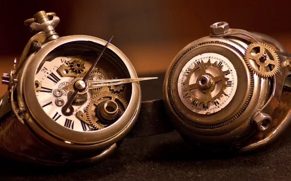 A detailed close-up of two intricate steampunk pocket watches, showcasing ornate gears and vintage clock faces, serves as a captivating sci-fi HD desktop wallpaper.