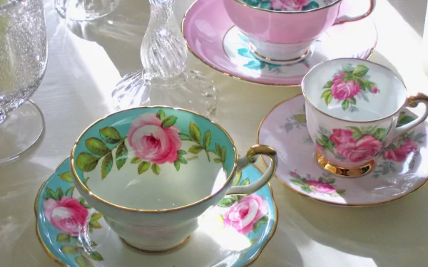 HD still life PC desktop wallpaper featuring elegant porcelain teacups and saucers adorned with pink rose patterns and sparkling glassware on a sunlit table.