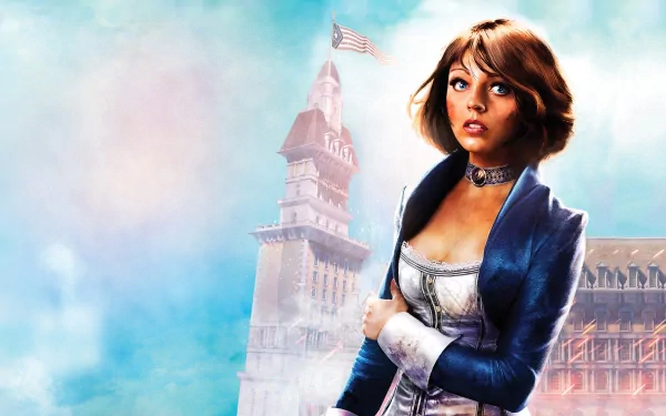 Elizabeth (Bioshock Infinite) from the video game in an HD PC desktop wallpaper, standing before Columbia's tower and American flag in a blue dress and choker.