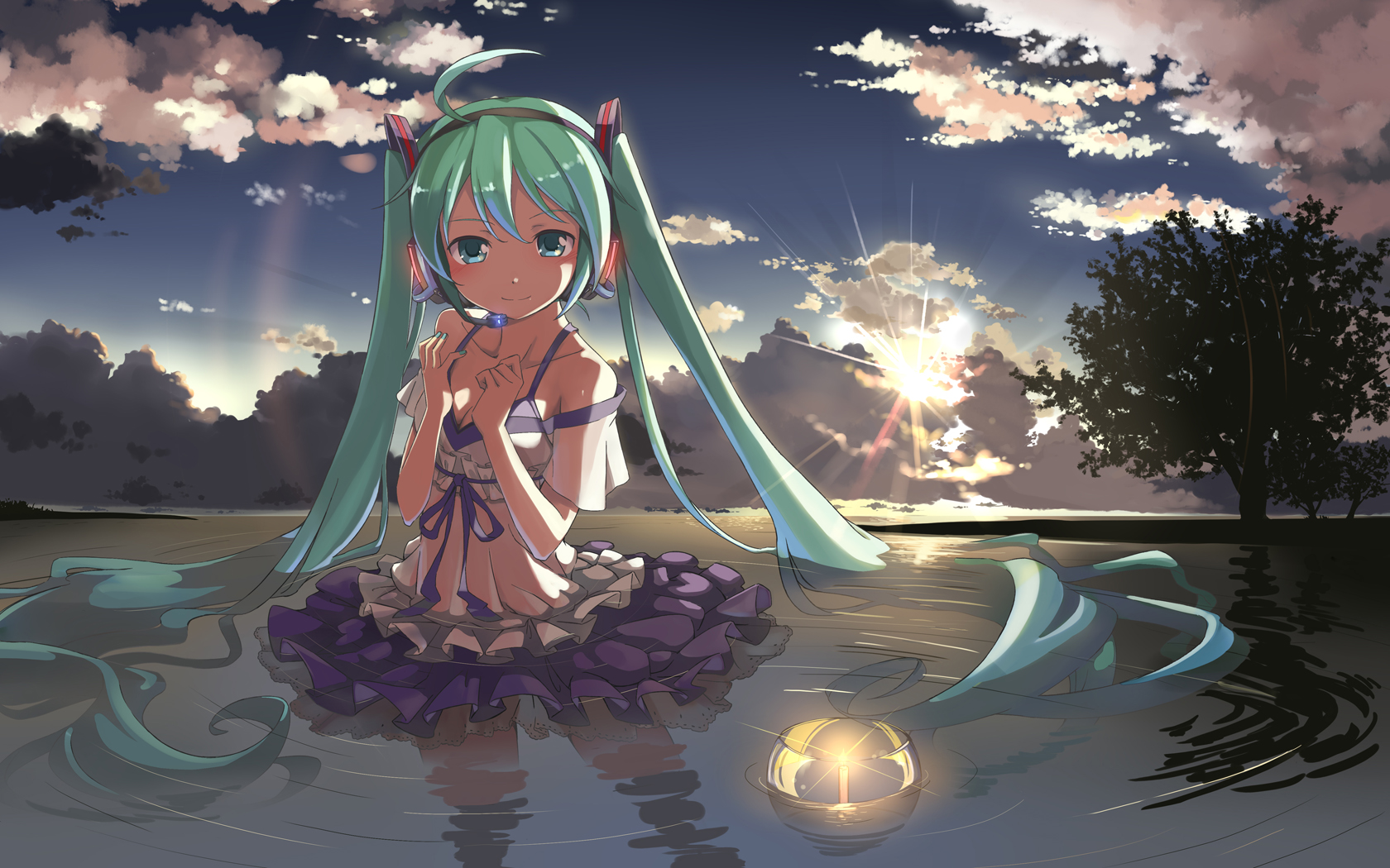 Download Dress Green Eyes Green Hair Long Hair Twintails Water Hatsune Miku Anime Vocaloid 3300