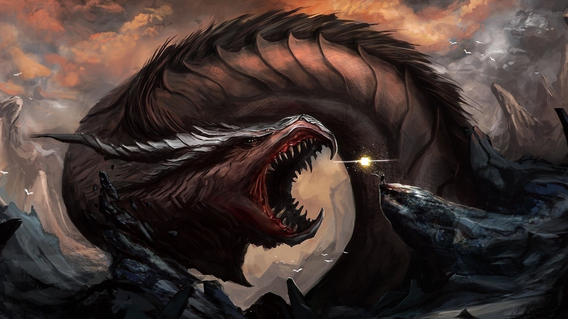 A stunning HD desktop wallpaper featuring a fierce dragon emerging from rocky terrain, capturing the essence of fantasy with dramatic colors and dynamic lighting.