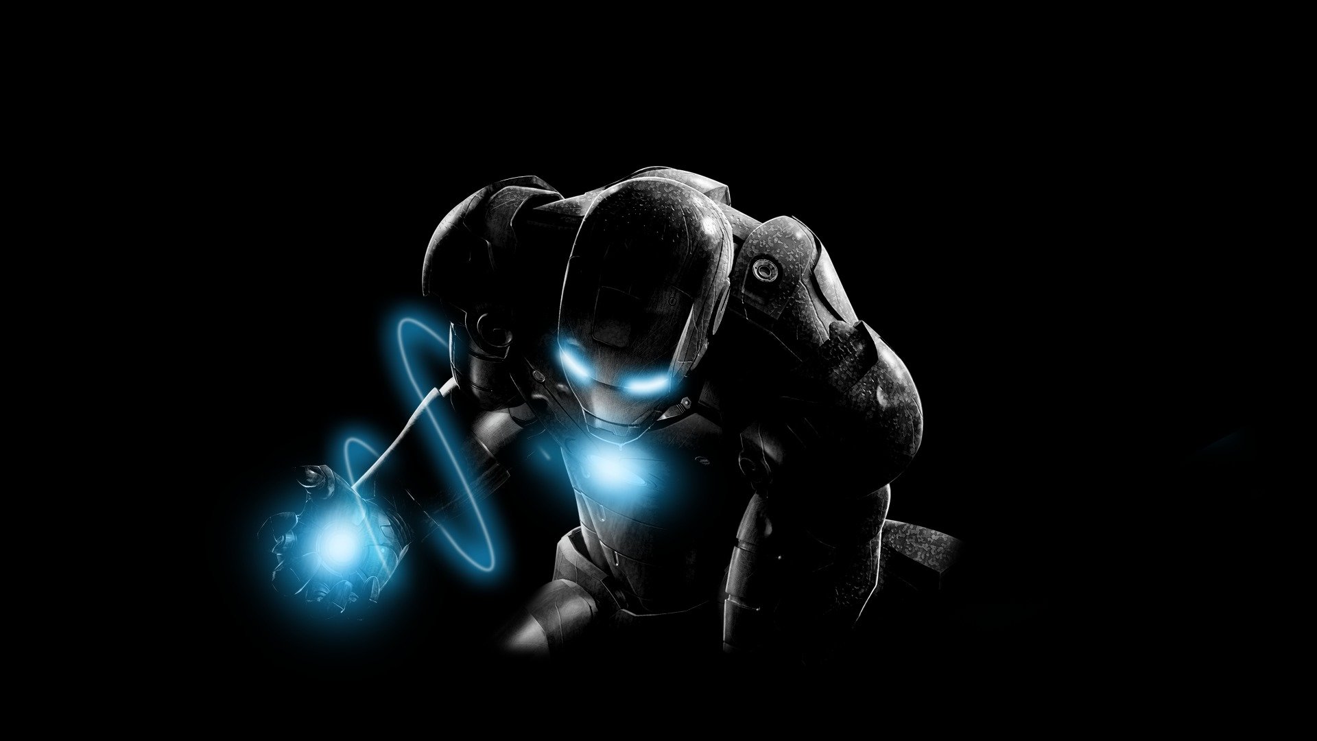 HD desktop wallpaper featuring Iron Man in action with glowing blue lights against a black background.
