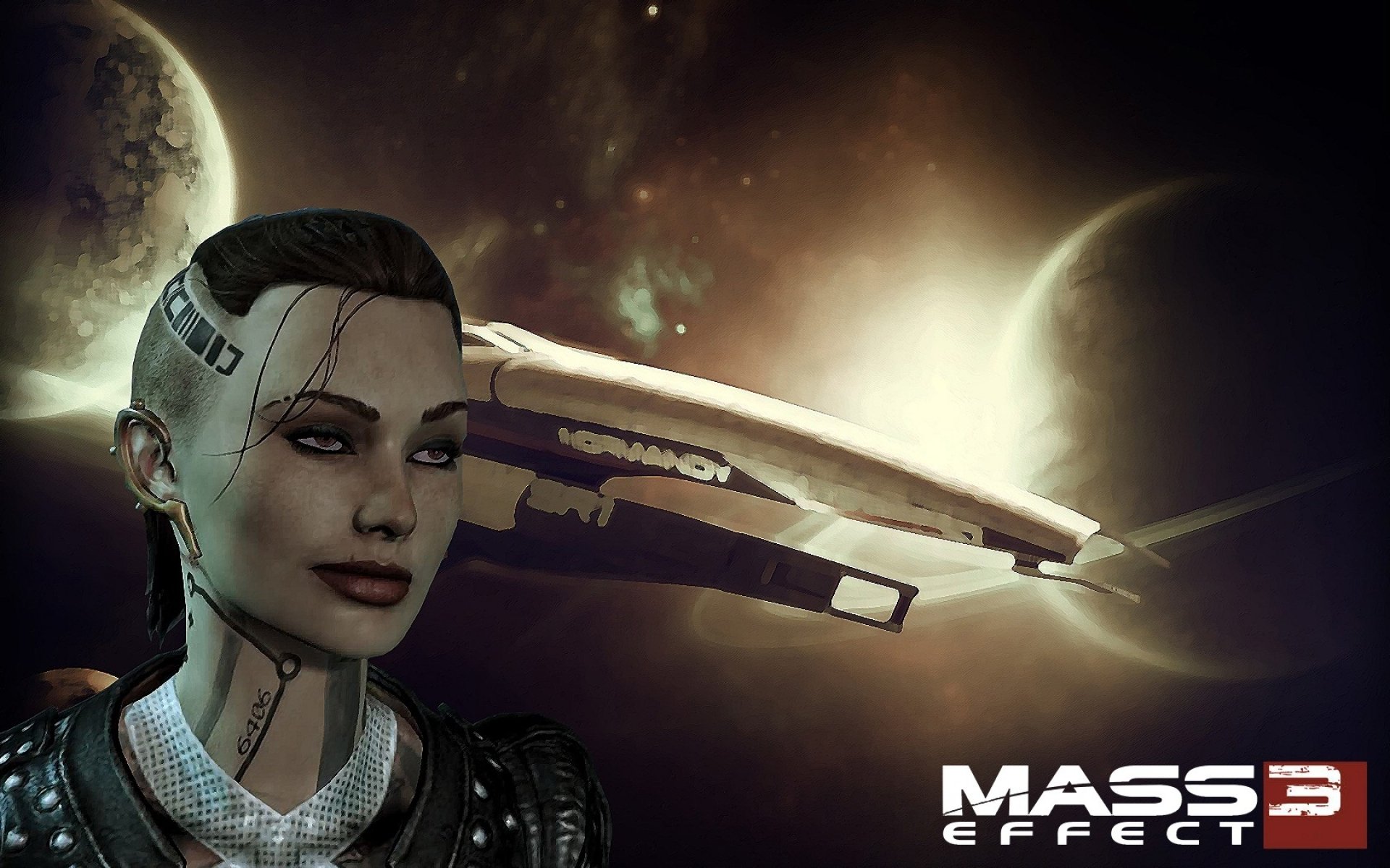HD PC desktop wallpaper featuring video game character Jack (Mass Effect) from Mass Effect 3: tattooed, shaved-headed woman with the Normandy and moons against a glowing space backdrop.