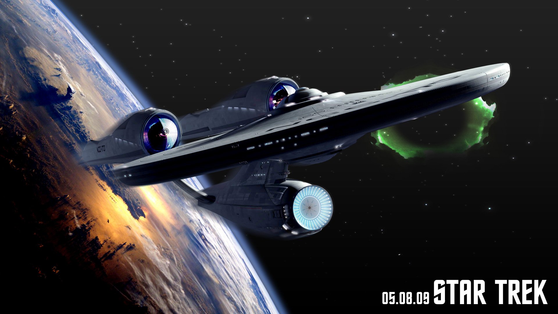 HD PC desktop wallpaper featuring a Star Trek spaceship orbiting a planet, inspired by a Star Trek video game.