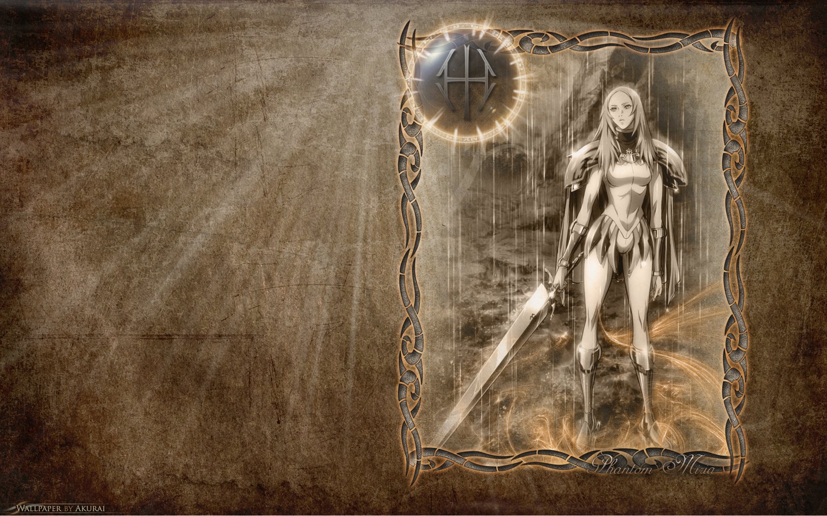HD anime desktop wallpaper featuring a Claymore warrior standing with a large sword, framed by an ornate border and illuminated by a glowing circular symbol.