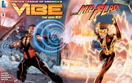 A dynamic HD wallpaper featuring DC Comics' The New 52 cover of Justice League of America's Vibe, showcasing Vibe and Kid Flash in action amidst a chaotic backdrop.