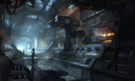 A futuristic sci-fi interior features sleek metallic surfaces, illuminated equipment, and a long corridor, creating an immersive atmosphere for an HD PC desktop wallpaper.