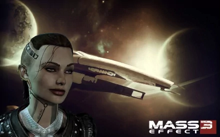 HD PC desktop wallpaper featuring video game character Jack (Mass Effect) from Mass Effect 3: tattooed, shaved-headed woman with the Normandy and moons against a glowing space backdrop.