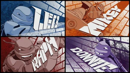HD desktop wallpaper featuring Teenage Mutant Ninja Turtles in comic style, showcasing Leonardo, Michelangelo, Raphael, and Donatello with dynamic name graphics.