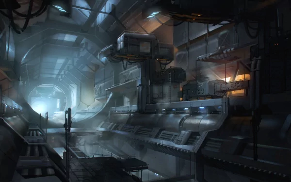 A futuristic sci-fi interior features sleek metallic surfaces, illuminated equipment, and a long corridor, creating an immersive atmosphere for an HD PC desktop wallpaper.
