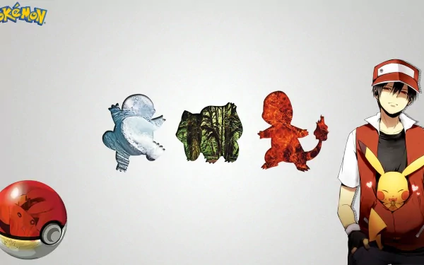 A vibrant Pokémon desktop wallpaper featuring starter Pokémon Bulbasaur, Charmander, and Squirtle, alongside Red and Pikachu, with a Poké Ball in the corner.