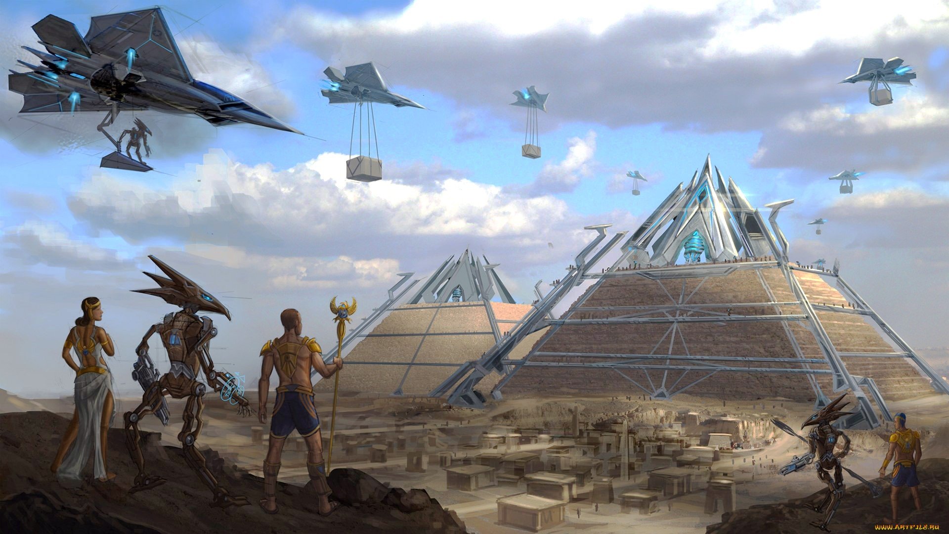 HD sci-fi desktop wallpaper features an alien landscape with futuristic pyramids, hovering ships, and humanoid figures observing the scene under a cloudy sky.