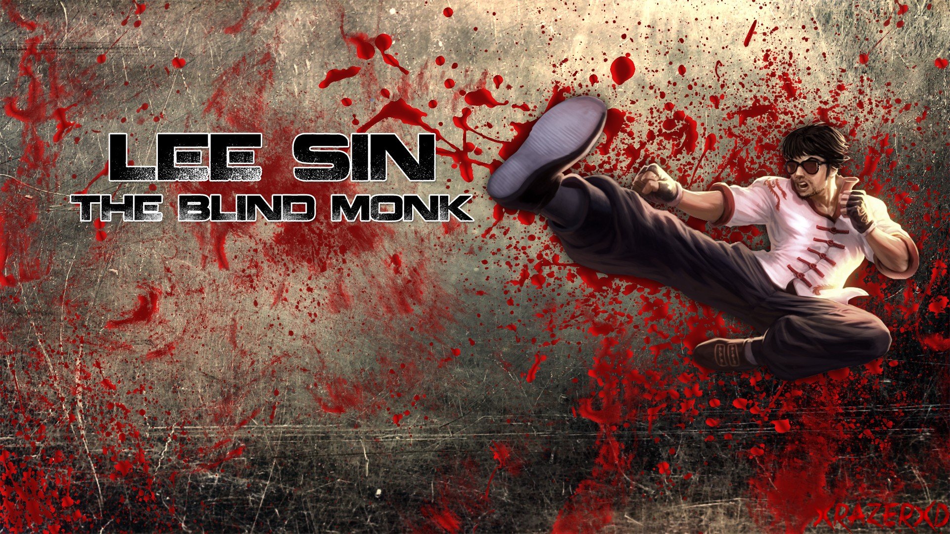 HD PC desktop wallpaper of Lee Sin, the Blind Monk from the video game League of Legends, delivering a flying kick amid a red-splattered grunge background with the game's logo.