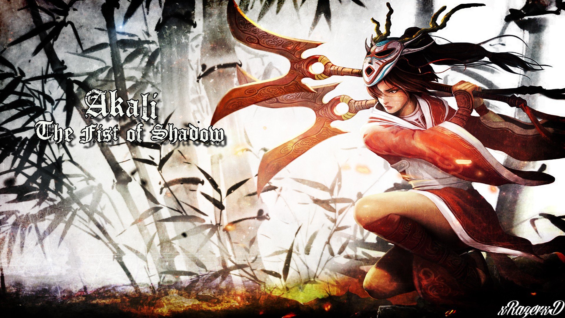 HD desktop wallpaper featuring Akali from League of Legends in a dynamic pose with a shadowy bamboo background, highlighting her stealthy ninja theme.