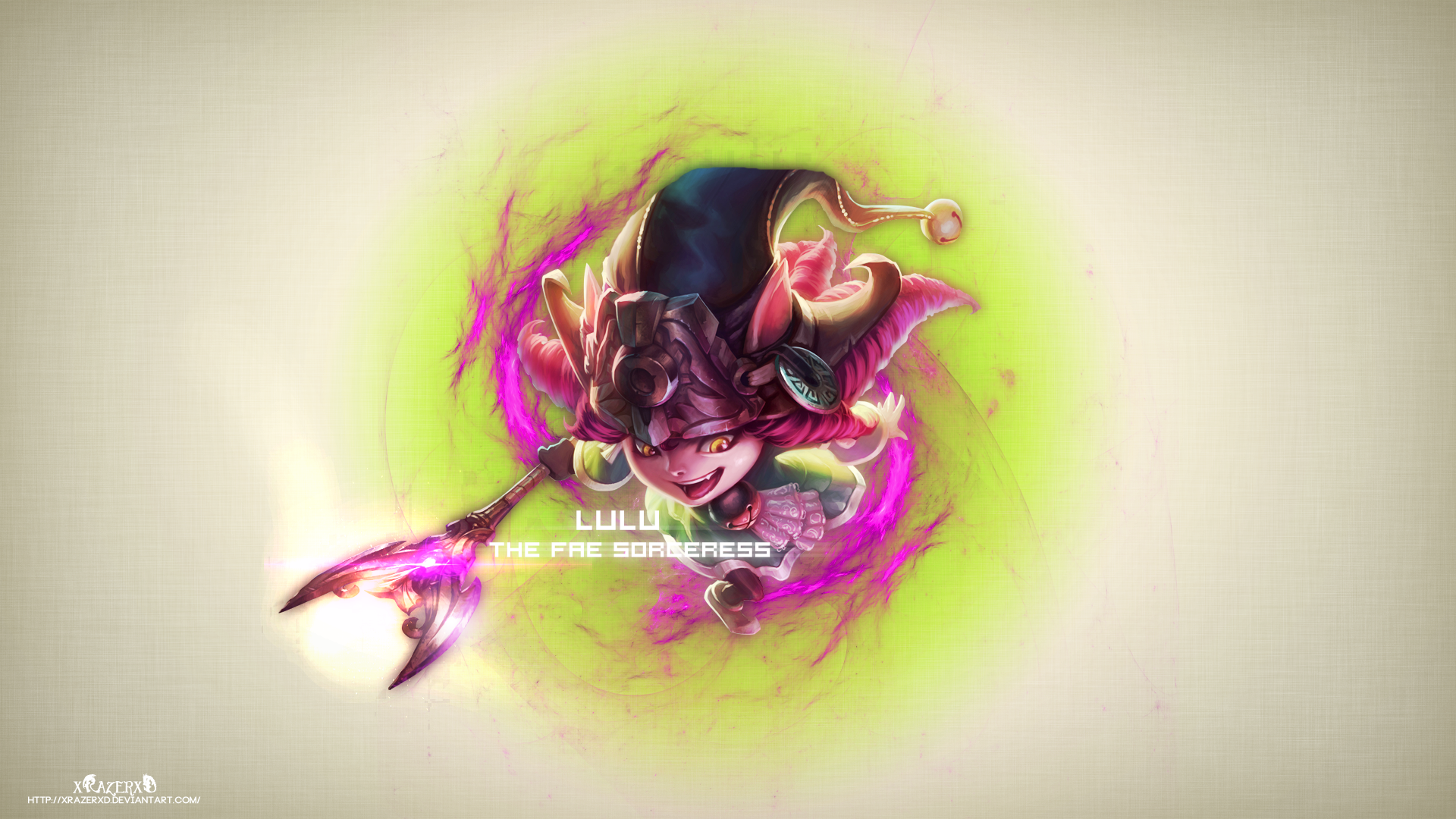HD PC desktop wallpaper of Lulu (League of Legends), the yordle mage in a green-purple magical swirl holding her staff, video game artwork and background.