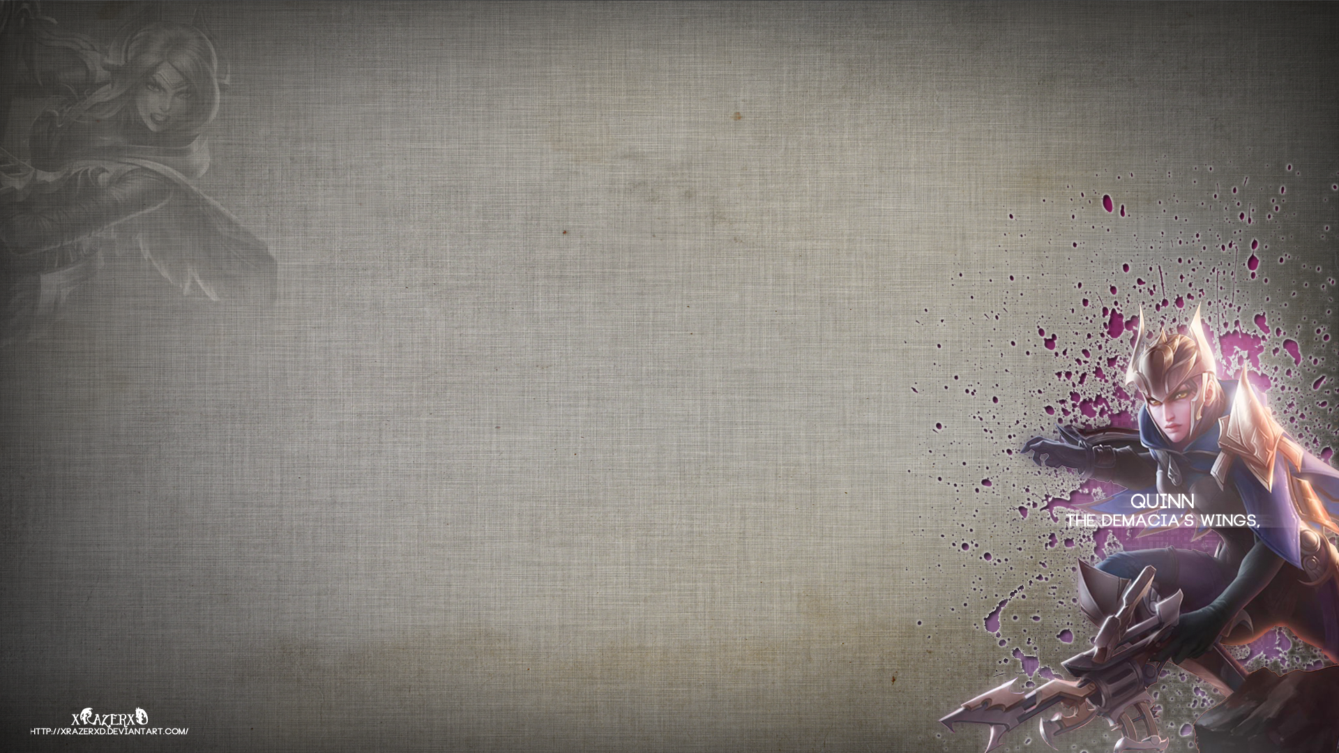 HD PC desktop wallpaper featuring Quinn from the video game League of Legends with a textured background and dynamic character art on the right side.