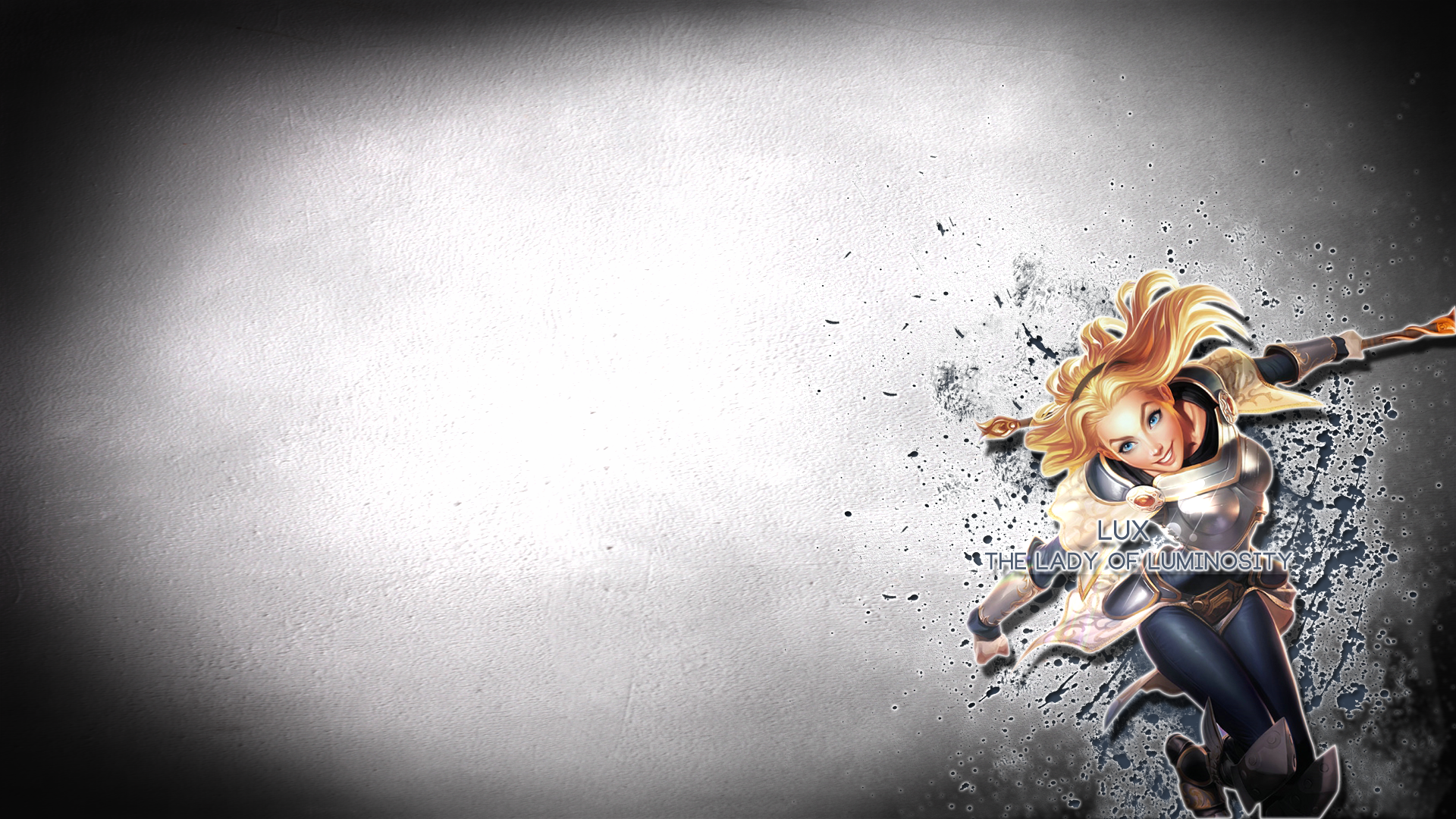 HD PC desktop wallpaper featuring Lux from the video game League of Legends: she bursts with radiant light on the right against a textured gray background.