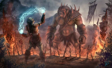 HD PC desktop wallpaper depicting a fantasy battle between a warrior casting lightning magic and a towering armored creature amid a fiery, war-torn landscape.