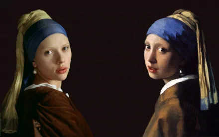 HD desktop wallpaper featuring a split image of Scarlett Johansson and Vermeer's Girl with a Pearl Earring, highlighting the iconic earrings and classic style.