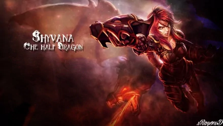 HD PC desktop wallpaper featuring Shyvana from the video game League of Legends, showcasing her fierce dragon form amidst fiery, dark clouds.