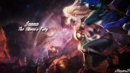 Janna (League of Legends) — windswept sorceress hovering above a burning battlefield, video game fantasy art, HD PC desktop wallpaper/background.
