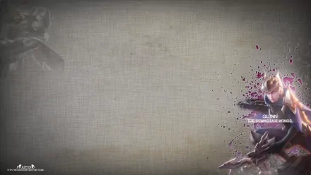 HD PC desktop wallpaper featuring Quinn from the video game League of Legends with a textured background and dynamic character art on the right side.