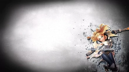 HD PC desktop wallpaper featuring Lux from the video game League of Legends: she bursts with radiant light on the right against a textured gray background.