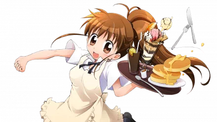 Anime Working!! waitress in apron joyfully balancing a tray of pancakes, coffee and a parfait — colorful HD PC desktop wallpaper and background.