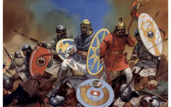 Artistic 5K Ultra HD PC desktop wallpaper showing a fierce medieval battle: armored warriors with decorated shields clash amid fallen foes under a stormy sky.