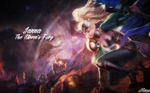 Janna (League of Legends) — windswept sorceress hovering above a burning battlefield, video game fantasy art, HD PC desktop wallpaper/background.