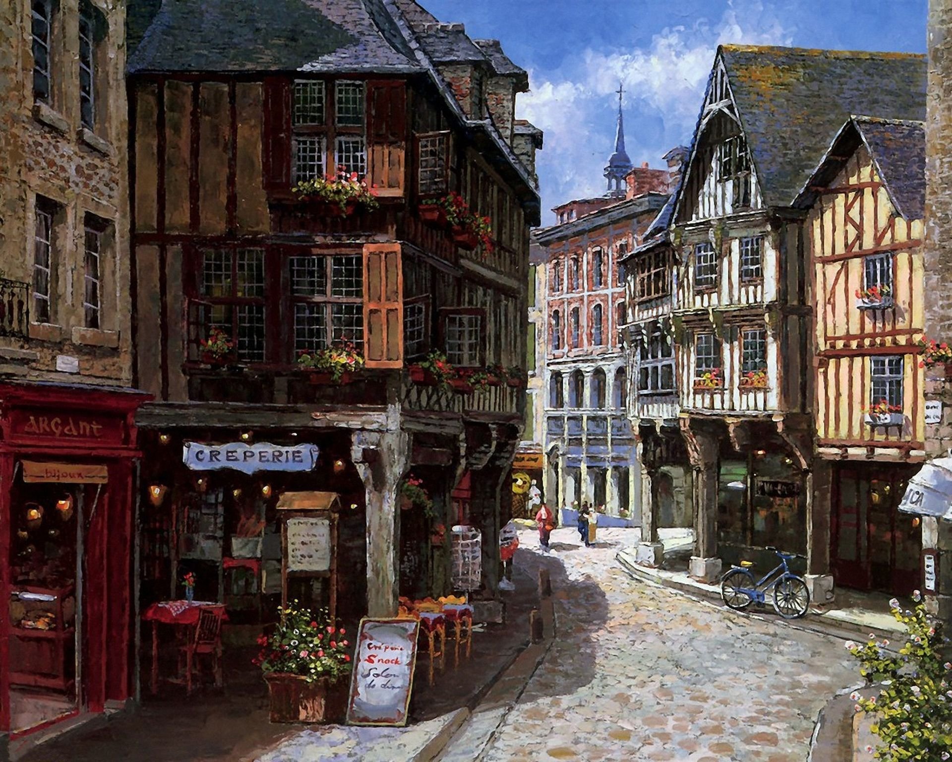 Artistic painting of a charming European street with historic buildings, cobblestone path, and vibrant storefronts, featured as an HD PC desktop wallpaper and background.