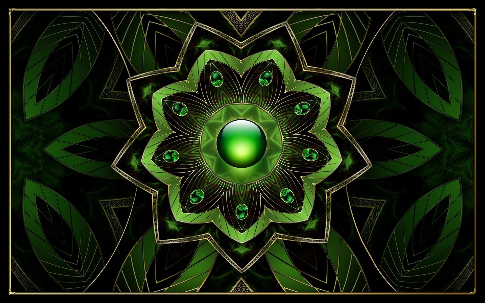 An intricate green fractal design featuring a central gem, surrounded by symmetrical leaf patterns, creating a striking abstract wallpaper for HD PC desktops.